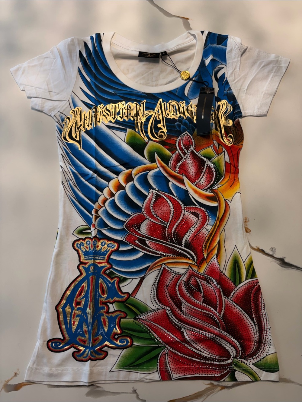 Women’s Christian Audigier Vintage Dove Short Sleeve Tee Size Large